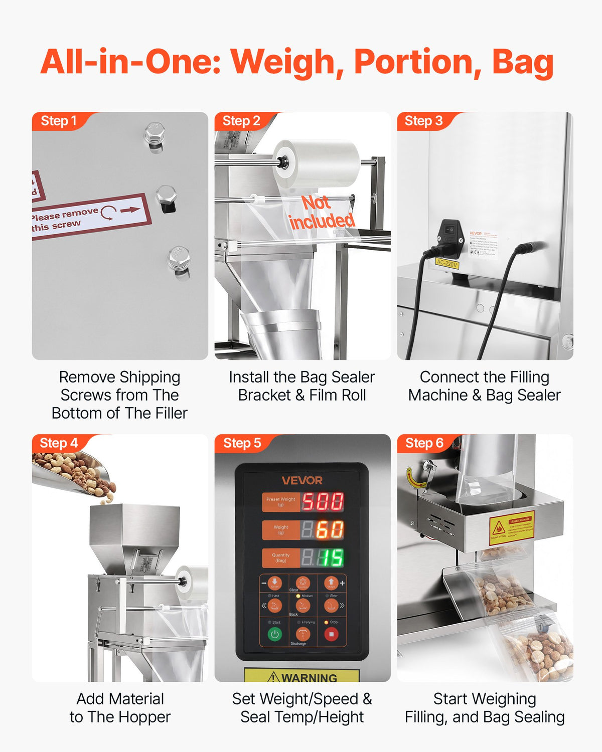 VEVOR Powder Filling and Sealing Machine, 10-999g(0.02-2.2lbs) Automatic Particle Granule Packaging Machine, Stainless Steel, Weighing Filling Sealing, for Coffee Beans, Grains, Tea, Spices, Silver - FFYTLDS1000GAEDVF001V1 - view 7