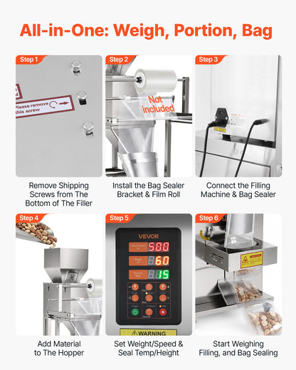 VEVOR Powder Filling and Sealing Machine, 10-999g(0.02-2.2lbs) Automatic Particle Granule Packaging Machine, Stainless Steel, Weighing Filling Sealing, for Coffee Beans, Grains, Tea, Spices, Silver - FFYTLDS1000GAEDVF001V1 - view 7