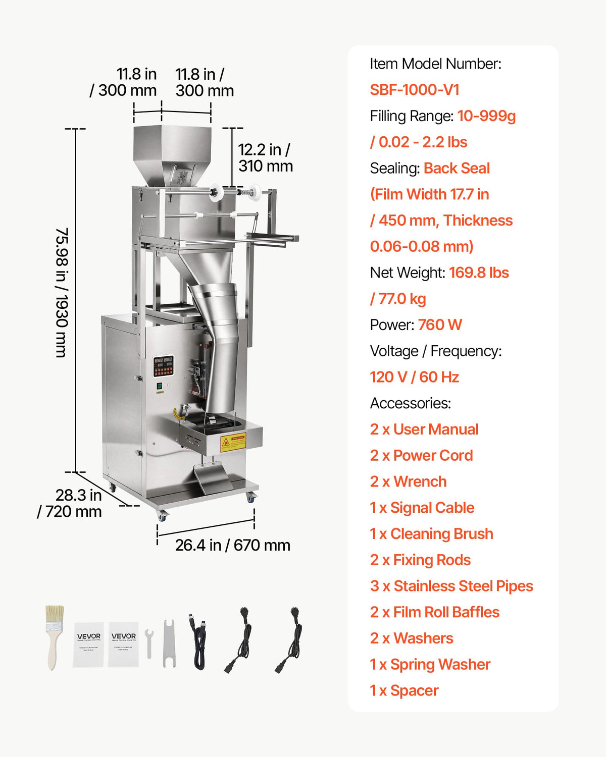 VEVOR Powder Filling and Sealing Machine, 10-999g(0.02-2.2lbs) Automatic Particle Granule Packaging Machine, Stainless Steel, Weighing Filling Sealing, for Coffee Beans, Grains, Tea, Spices, Silver - FFYTLDS1000GAEDVF001V1 - view 8