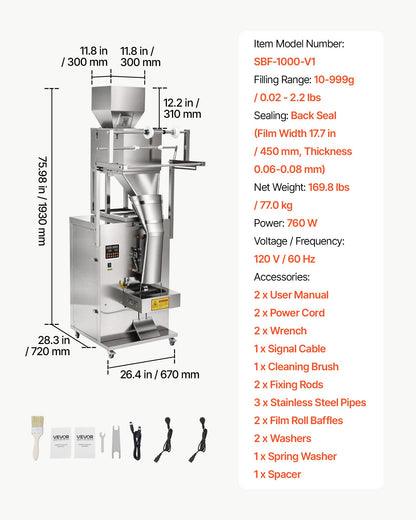 VEVOR Powder Filling and Sealing Machine, 10-999g(0.02-2.2lbs) Automatic Particle Granule Packaging Machine, Stainless Steel, Weighing Filling Sealing, for Coffee Beans, Grains, Tea, Spices, Silver - FFYTLDS1000GAEDVF001V1 - view 8