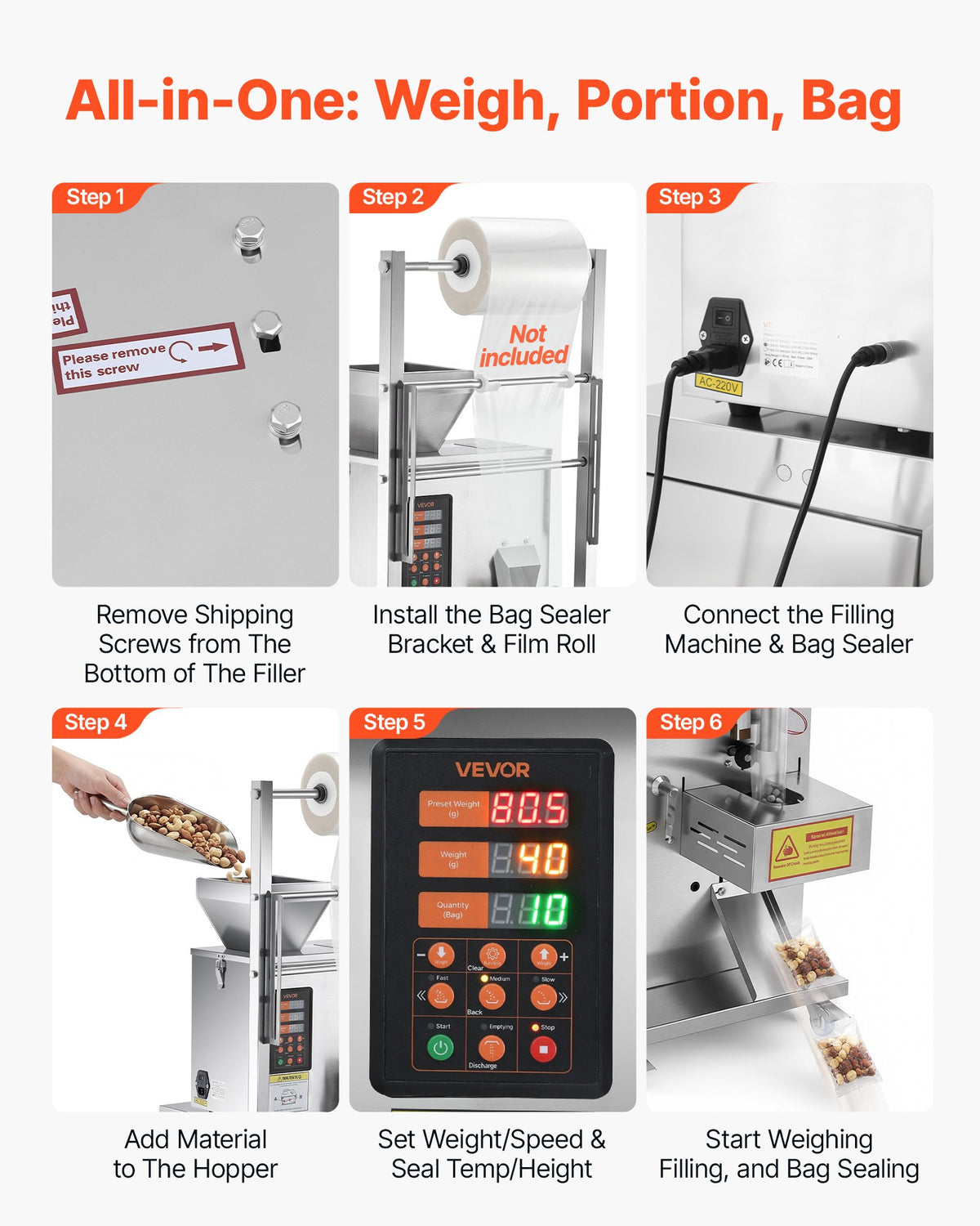 VEVOR Powder Filling and Sealing Machine, 1-99.9g(0.002-0.22lbs) Automatic Particle Granule Packaging Machine, Stainless Steel, Weighing Filling Sealing, for Coffee Beans, Grains, Tea, Spices, Silver - FFYTLDS100G0XYE65001V1 - view 7