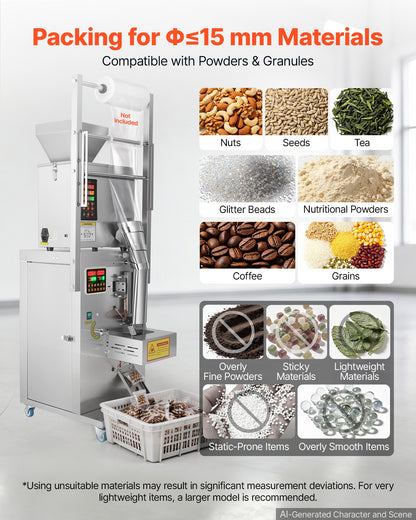 VEVOR Powder Filling and Sealing Machine, 3-200g(0.01-0.44lbs) Automatic Particle Granule Packaging Machine, Stainless Steel, Weighing Filling Sealing, for Coffee Beans, Grains, Tea, Spices, Silver - FFYTLDS200G0L8QIA001V1 - view 5