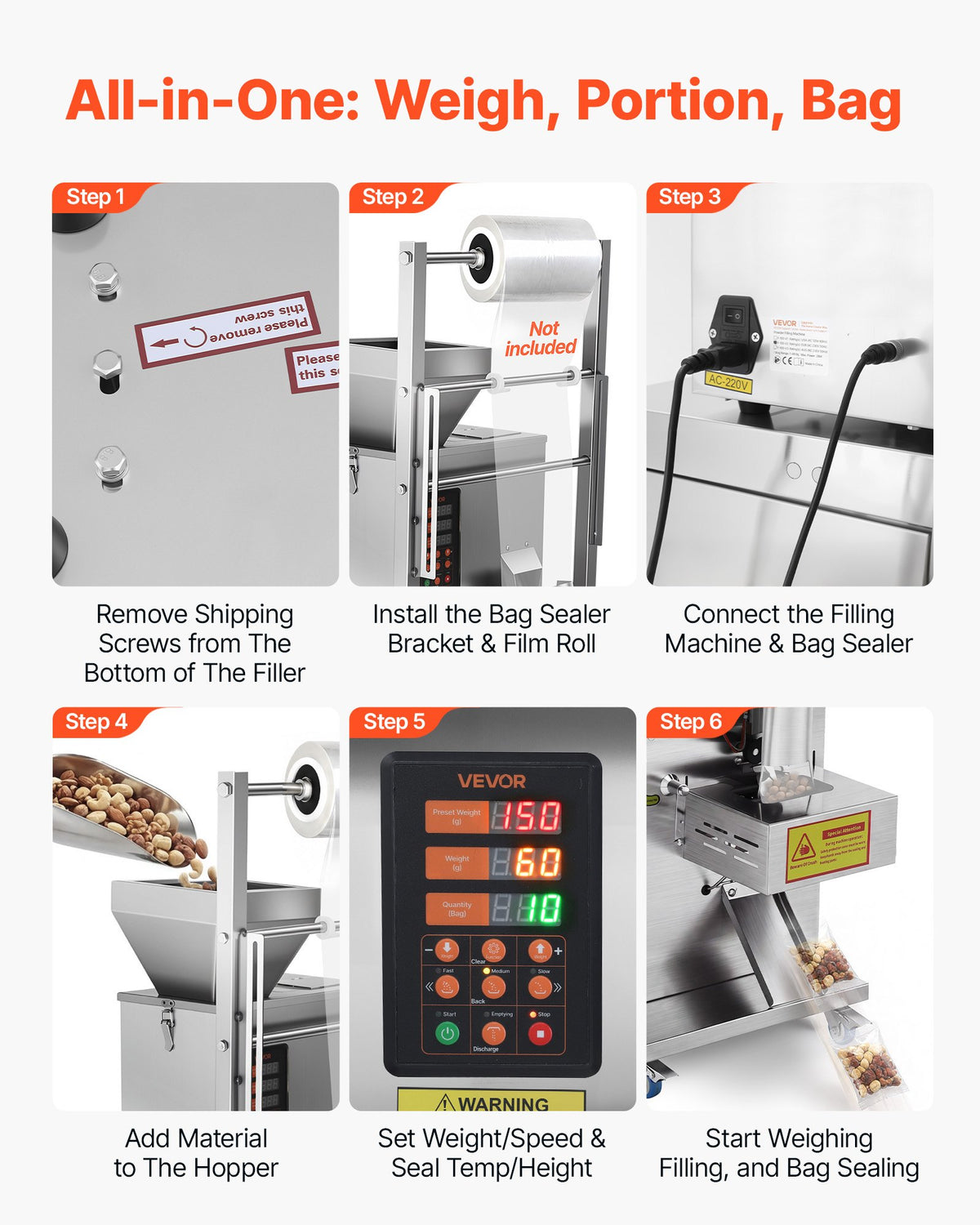 VEVOR Powder Filling and Sealing Machine, 3-200g(0.01-0.44lbs) Automatic Particle Granule Packaging Machine, Stainless Steel, Weighing Filling Sealing, for Coffee Beans, Grains, Tea, Spices, Silver - FFYTLDS200G0L8QIA001V1 - view 7