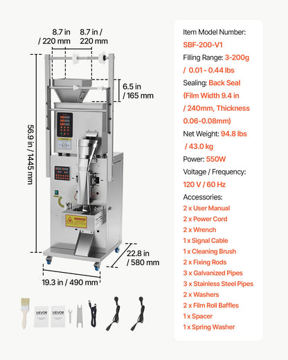 VEVOR Powder Filling and Sealing Machine, 3-200g(0.01-0.44lbs) Automatic Particle Granule Packaging Machine, Stainless Steel, Weighing Filling Sealing, for Coffee Beans, Grains, Tea, Spices, Silver - FFYTLDS200G0L8QIA001V1 - view 8