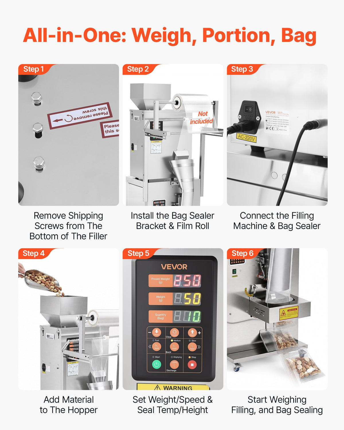VEVOR Powder Filling and Sealing Machine, 10-500g(0.02-1.1lbs) Automatic Particle Granule Packaging Machine, Stainless Steel, Weighing Filling Sealing, for Coffee Beans, Grains, Tea, Spices, Silver - FFYTLDS500G0UKEO4001V1 - view 7
