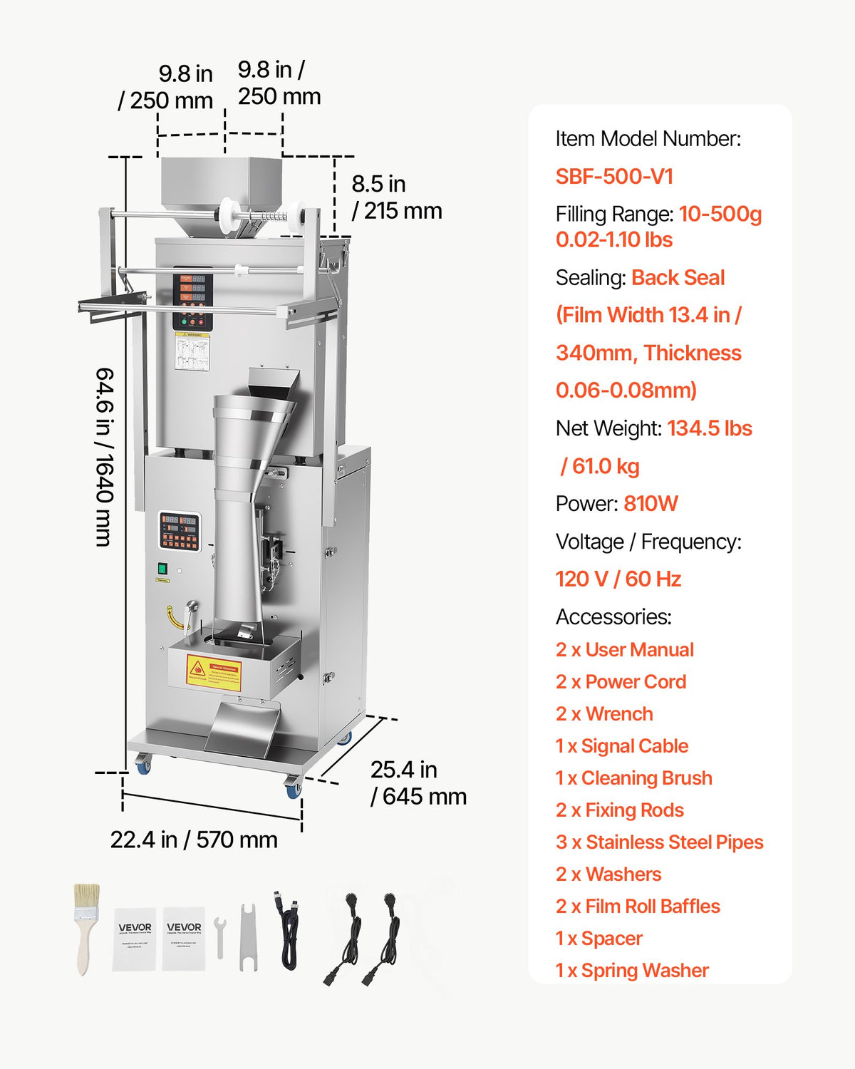 VEVOR Powder Filling and Sealing Machine, 10-500g(0.02-1.1lbs) Automatic Particle Granule Packaging Machine, Stainless Steel, Weighing Filling Sealing, for Coffee Beans, Grains, Tea, Spices, Silver - FFYTLDS500G0UKEO4001V1 - view 8