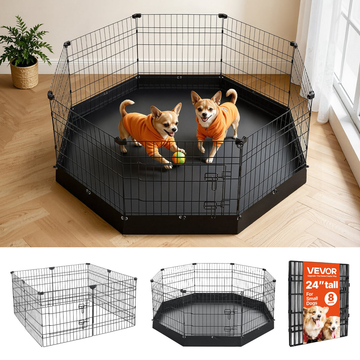 VEVOR Dog Playpen 24 Inch 8 Panels Heavy Duty Exercise Pen with Bottom Pad, Indoor Foldable Metal Pet Fence with Door, Puppy Crate Kennel, Pet Playpen for Dogs, Cats, and Other Small Animals, Black - FGCWWL24INCH5KBWX001V0 - view 1