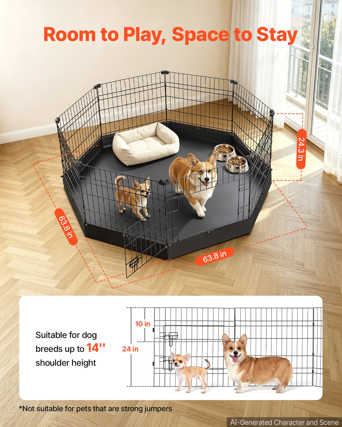 VEVOR Dog Playpen 24 Inch 8 Panels Heavy Duty Exercise Pen with Bottom Pad, Indoor Foldable Metal Pet Fence with Door, Puppy Crate Kennel, Pet Playpen for Dogs, Cats, and Other Small Animals, Black - FGCWWL24INCH5KBWX001V0 - view 3