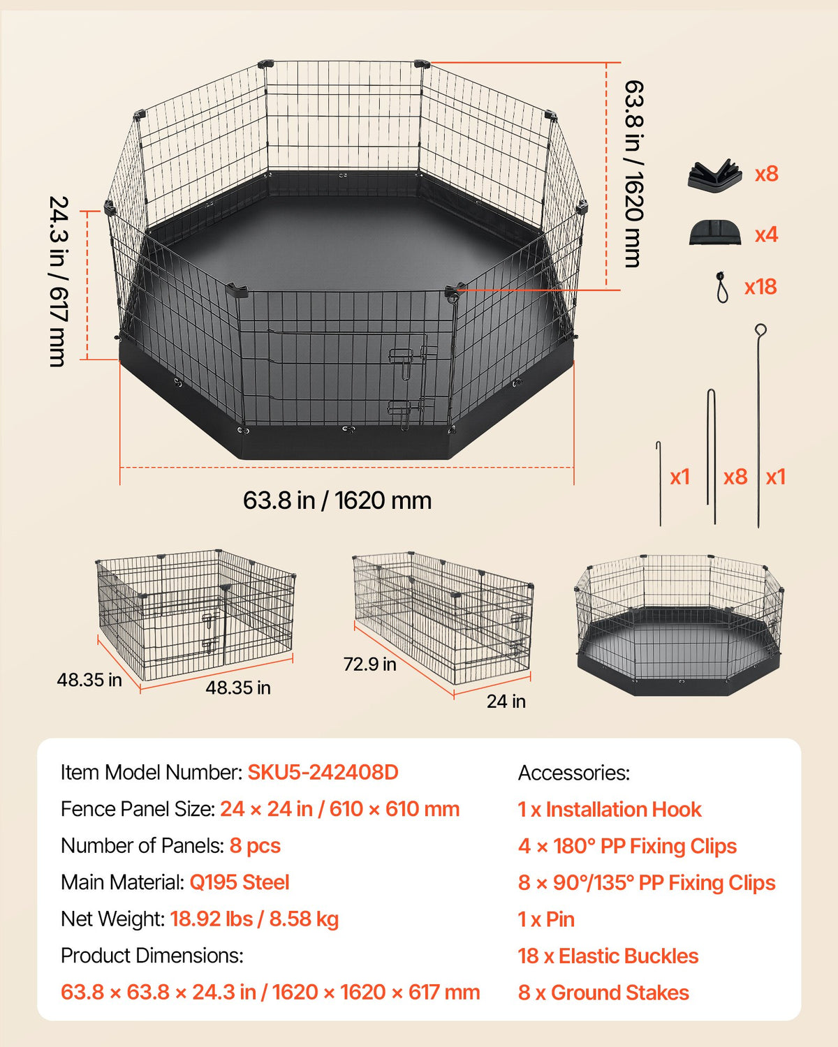 VEVOR Dog Playpen 24 Inch 8 Panels Heavy Duty Exercise Pen with Bottom Pad, Indoor Foldable Metal Pet Fence with Door, Puppy Crate Kennel, Pet Playpen for Dogs, Cats, and Other Small Animals, Black - FGCWWL24INCH5KBWX001V0 - view 8