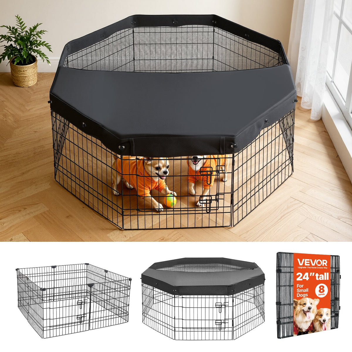 VEVOR Dog Playpen 24 Inch 8 Panels Foldable Exercise Pen with Top Cover, Indoor Metal Pet Fence with Door, Heavy Duty Puppy Crate Kennel, Pet Playpen for Dogs, Cats, and Other Small Animals, Black - FGCWWL24INCHF7VHP001V0 - view 1