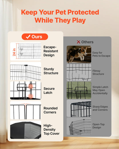 VEVOR Dog Playpen 24 Inch 8 Panels Foldable Exercise Pen with Top Cover, Indoor Metal Pet Fence with Door, Heavy Duty Puppy Crate Kennel, Pet Playpen for Dogs, Cats, and Other Small Animals, Black - FGCWWL24INCHF7VHP001V0 - view 4