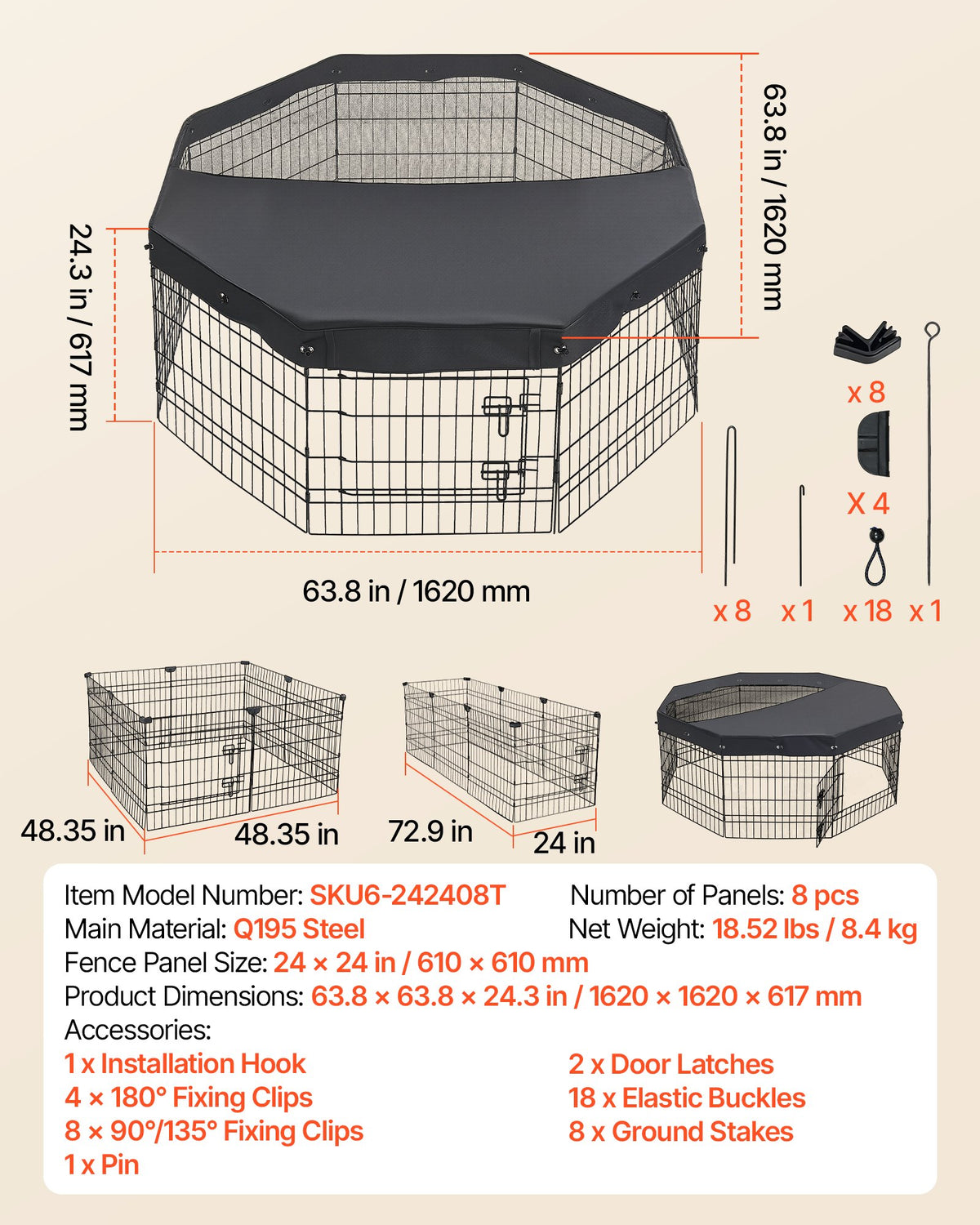 VEVOR Dog Playpen 24 Inch 8 Panels Foldable Exercise Pen with Top Cover, Indoor Metal Pet Fence with Door, Heavy Duty Puppy Crate Kennel, Pet Playpen for Dogs, Cats, and Other Small Animals, Black - FGCWWL24INCHF7VHP001V0 - view 8