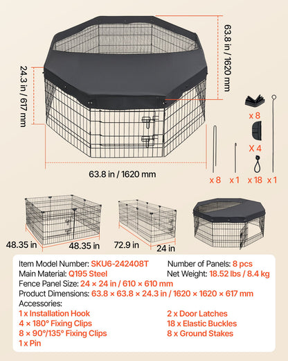 VEVOR Dog Playpen 24 Inch 8 Panels Foldable Exercise Pen with Top Cover, Indoor Metal Pet Fence with Door, Heavy Duty Puppy Crate Kennel, Pet Playpen for Dogs, Cats, and Other Small Animals, Black - FGCWWL24INCHF7VHP001V0 - view 8