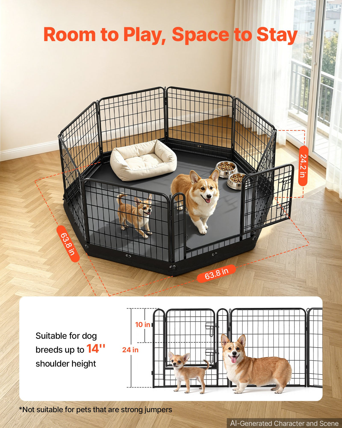 VEVOR Dog Playpen 24 Inch 8 Panels Foldable Exercise Pen with Bottom Pad, Indoor Metal Pet Fence with Door, Heavy Duty Puppy Crate Kennel, Pet Playpen for Dogs, Cats, and Other Small Animals, Black - FGCWWL24INCHQTAPA001V0 - view 3