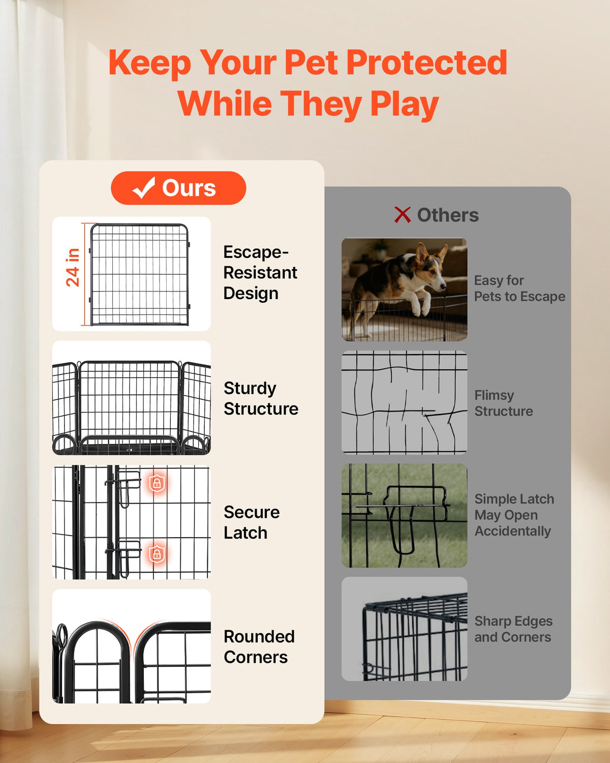VEVOR Dog Playpen 24 Inch 8 Panels Foldable Exercise Pen with Bottom Pad, Indoor Metal Pet Fence with Door, Heavy Duty Puppy Crate Kennel, Pet Playpen for Dogs, Cats, and Other Small Animals, Black - FGCWWL24INCHQTAPA001V0 - view 4