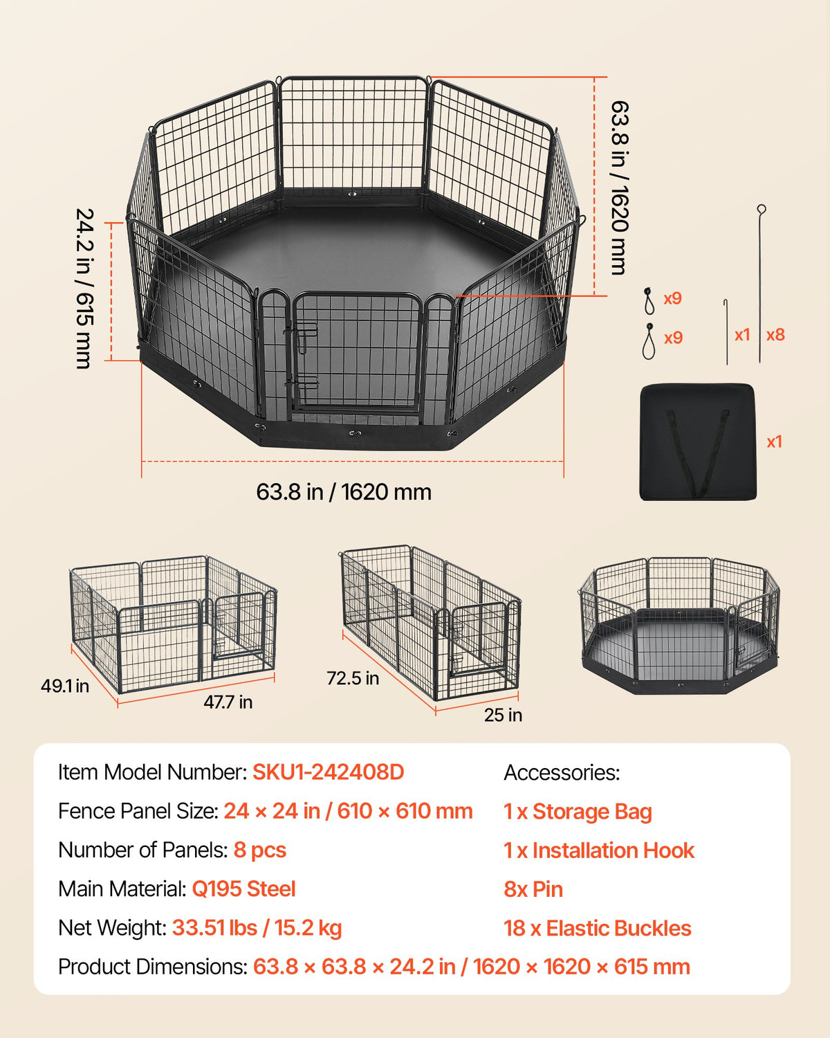 VEVOR Dog Playpen 24 Inch 8 Panels Foldable Exercise Pen with Bottom Pad, Indoor Metal Pet Fence with Door, Heavy Duty Puppy Crate Kennel, Pet Playpen for Dogs, Cats, and Other Small Animals, Black - FGCWWL24INCHQTAPA001V0 - view 8