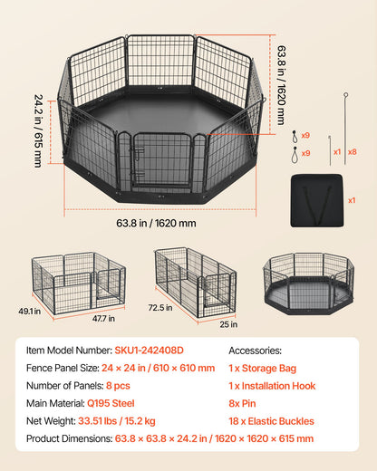 VEVOR Dog Playpen 24 Inch 8 Panels Foldable Exercise Pen with Bottom Pad, Indoor Metal Pet Fence with Door, Heavy Duty Puppy Crate Kennel, Pet Playpen for Dogs, Cats, and Other Small Animals, Black - FGCWWL24INCHQTAPA001V0 - view 8