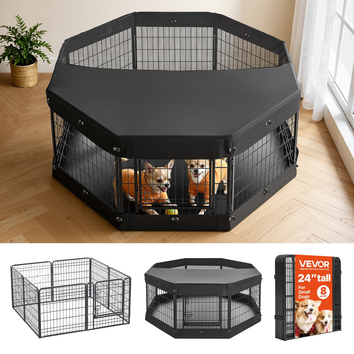 VEVOR Dog Playpen 24 Inch 8 Panels Heavy Duty with Top Cover & Bottom Pad, Indoor Foldable Metal Exercise Pen Pet Fence with Door, Puppy Crate Kennel Pen for Dogs, Cats, and Other Small Animals, Black - FGCWWL24INCHY2DLV001V0 - view 1