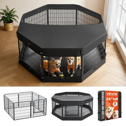 VEVOR Dog Playpen 24 Inch 8 Panels Heavy Duty with Top Cover & Bottom Pad, Indoor Foldable Metal Exercise Pen Pet Fence with Door, Puppy Crate Kennel Pen for Dogs, Cats, and Other Small Animals, Black - FGCWWL24INCHY2DLV001V0 - view 2
