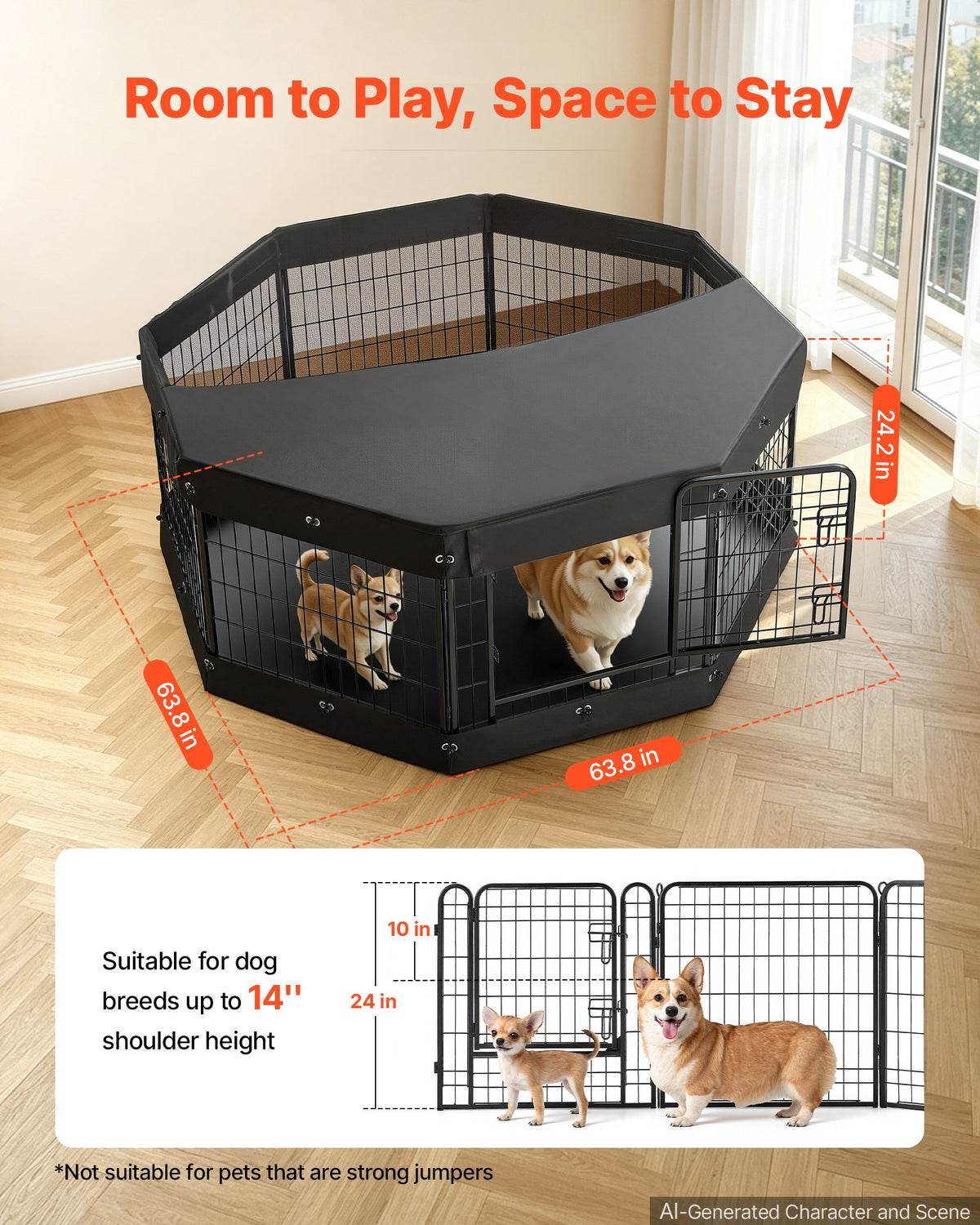 VEVOR Dog Playpen 24 Inch 8 Panels Heavy Duty with Top Cover & Bottom Pad, Indoor Foldable Metal Exercise Pen Pet Fence with Door, Puppy Crate Kennel Pen for Dogs, Cats, and Other Small Animals, Black - FGCWWL24INCHY2DLV001V0 - view 3