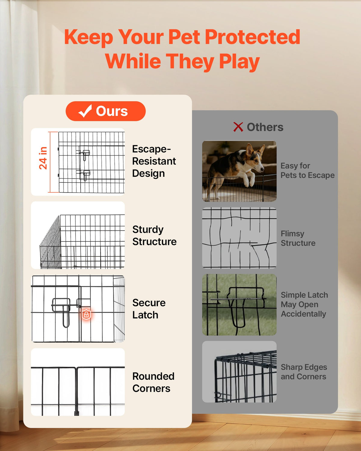VEVOR Dog Playpen 24 Inch 8 Panels Heavy Duty with Top Cover & Bottom Pad, Indoor Foldable Metal Exercise Pen Pet Fence with Door, Puppy Crate Kennel Pen for Dogs, Cats, and Other Small Animals, Black - FGCWWL24INCHY2DLV001V0 - view 4