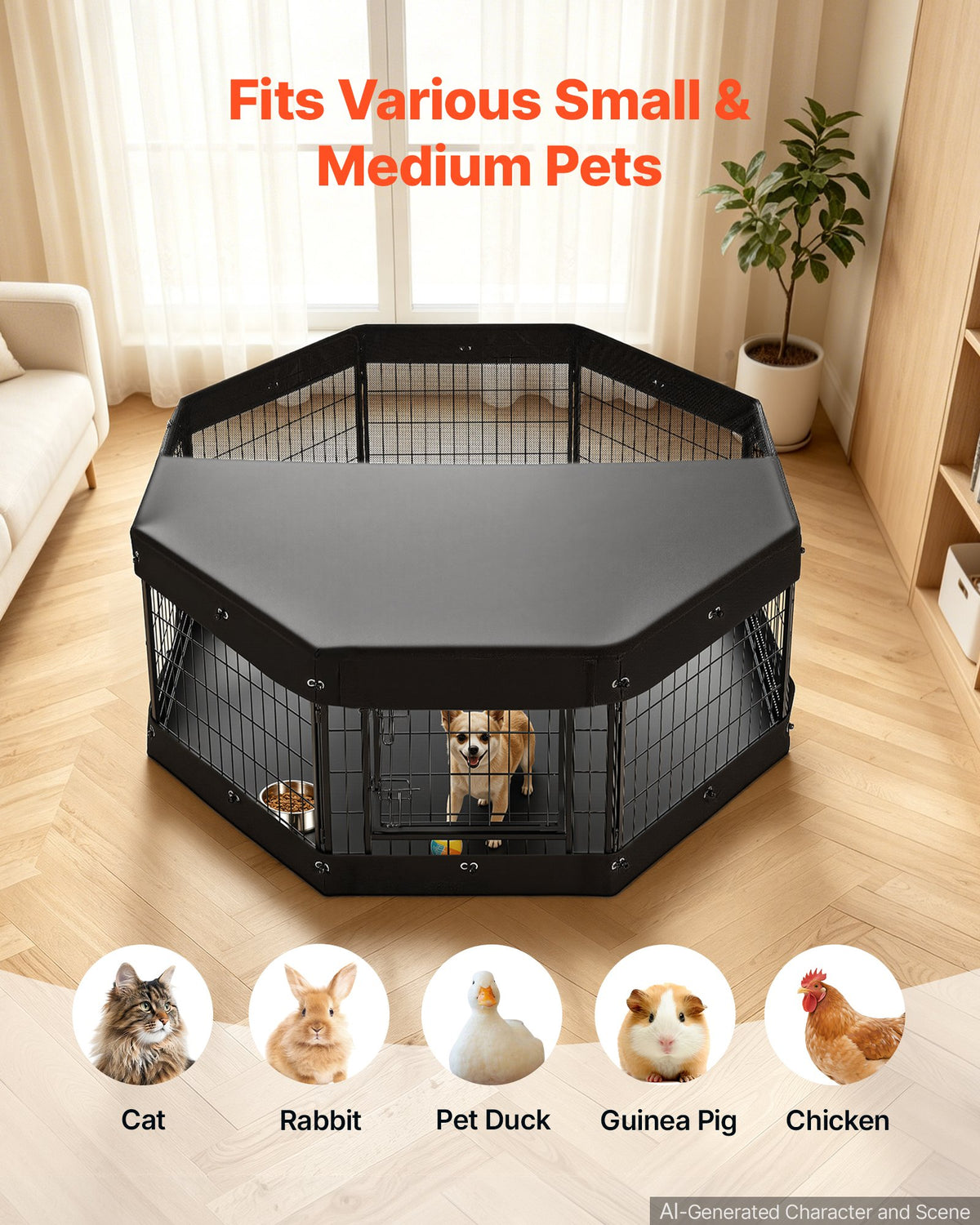 VEVOR Dog Playpen 24 Inch 8 Panels Heavy Duty with Top Cover & Bottom Pad, Indoor Foldable Metal Exercise Pen Pet Fence with Door, Puppy Crate Kennel Pen for Dogs, Cats, and Other Small Animals, Black - FGCWWL24INCHY2DLV001V0 - view 6