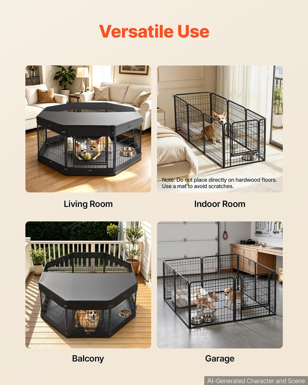 VEVOR Dog Playpen 24 Inch 8 Panels Heavy Duty with Top Cover & Bottom Pad, Indoor Foldable Metal Exercise Pen Pet Fence with Door, Puppy Crate Kennel Pen for Dogs, Cats, and Other Small Animals, Black - FGCWWL24INCHY2DLV001V0 - view 7