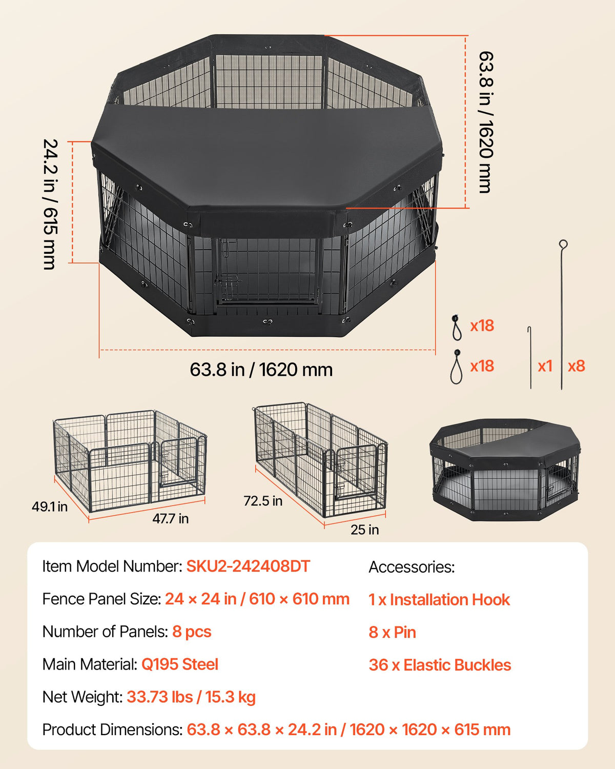 VEVOR Dog Playpen 24 Inch 8 Panels Heavy Duty with Top Cover & Bottom Pad, Indoor Foldable Metal Exercise Pen Pet Fence with Door, Puppy Crate Kennel Pen for Dogs, Cats, and Other Small Animals, Black - FGCWWL24INCHY2DLV001V0 - view 8