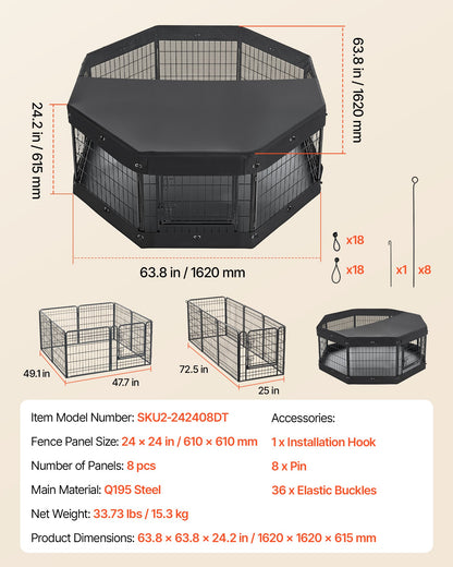 VEVOR Dog Playpen 24 Inch 8 Panels Heavy Duty with Top Cover & Bottom Pad, Indoor Foldable Metal Exercise Pen Pet Fence with Door, Puppy Crate Kennel Pen for Dogs, Cats, and Other Small Animals, Black - FGCWWL24INCHY2DLV001V0 - view 8