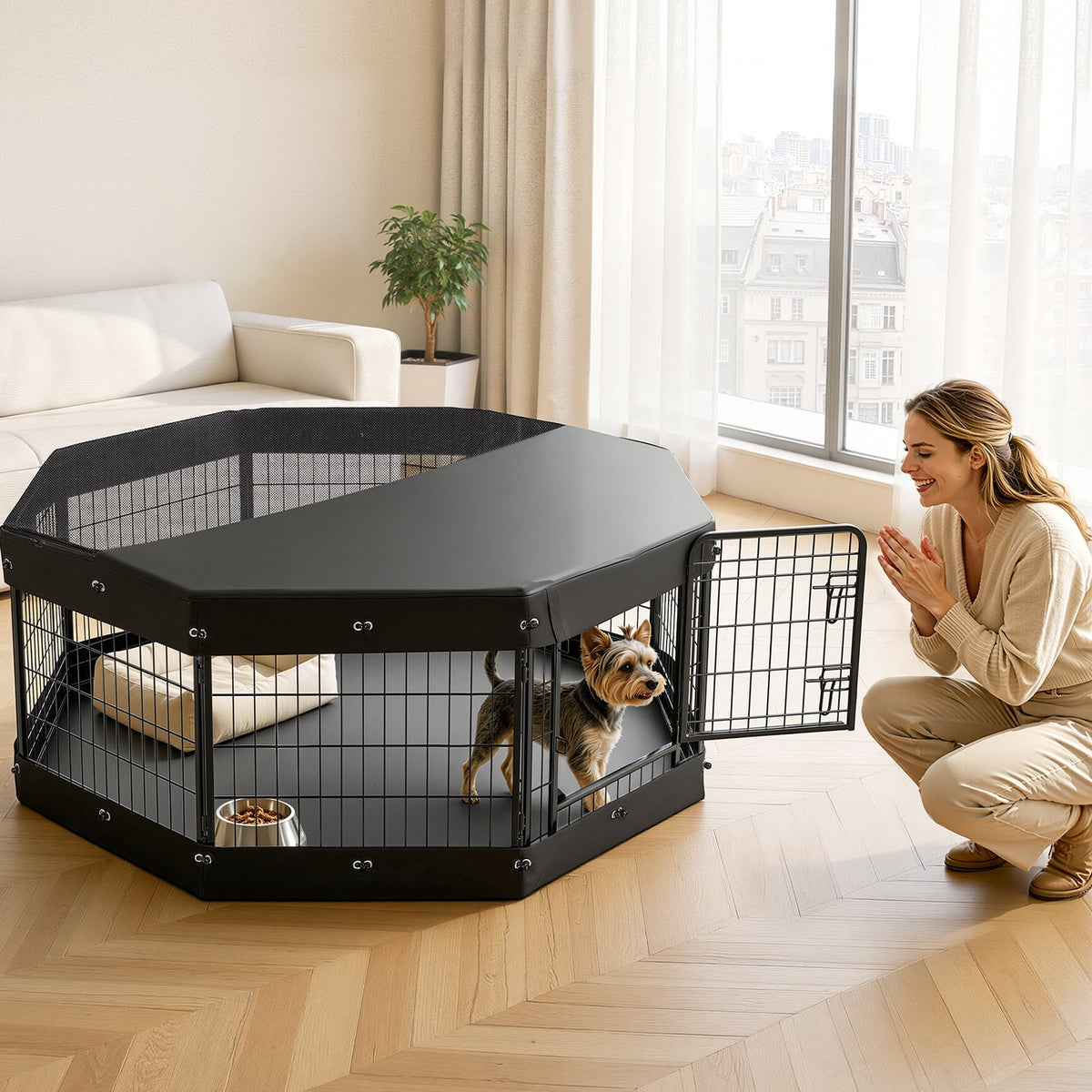 VEVOR Dog Playpen 24 Inch 8 Panels Heavy Duty with Top Cover & Bottom Pad, Indoor Foldable Metal Exercise Pen Pet Fence with Door, Puppy Crate Kennel Pen for Dogs, Cats, and Other Small Animals, Black - FGCWWL24INCHY2DLV001V0 - view 9