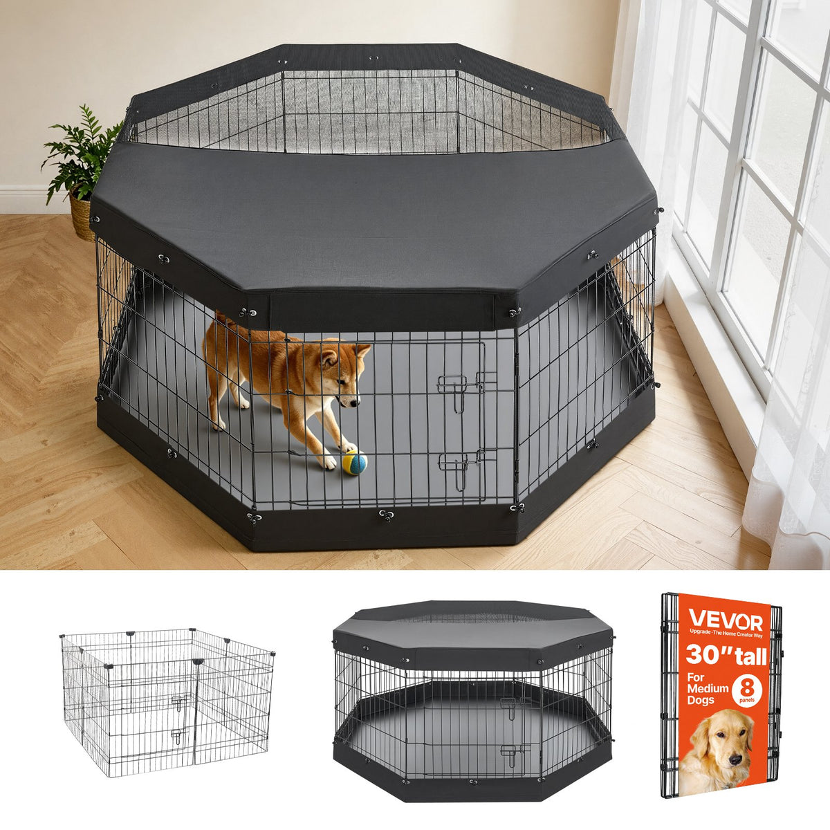 VEVOR Dog Playpen 30 Inch 8 Panels Exercise Pen with Top Cover & Bottom Pad, Indoor Foldable Metal Pet Fence with Door, Heavy Duty Puppy Crate Kennel Pen for Dogs, Cats, and Other Small Animals, Black - FGCWWL30INCHGBBVD001V0 - view 1