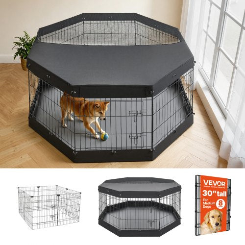 VEVOR Dog Playpen 30 Inch 8 Panels Exercise Pen with Top Cover & Bottom Pad, Indoor Foldable Metal Pet Fence with Door, Heavy Duty Puppy Crate Kennel Pen for Dogs, Cats, and Other Small Animals, Black - FGCWWL30INCHGBBVD001V0 - view 2