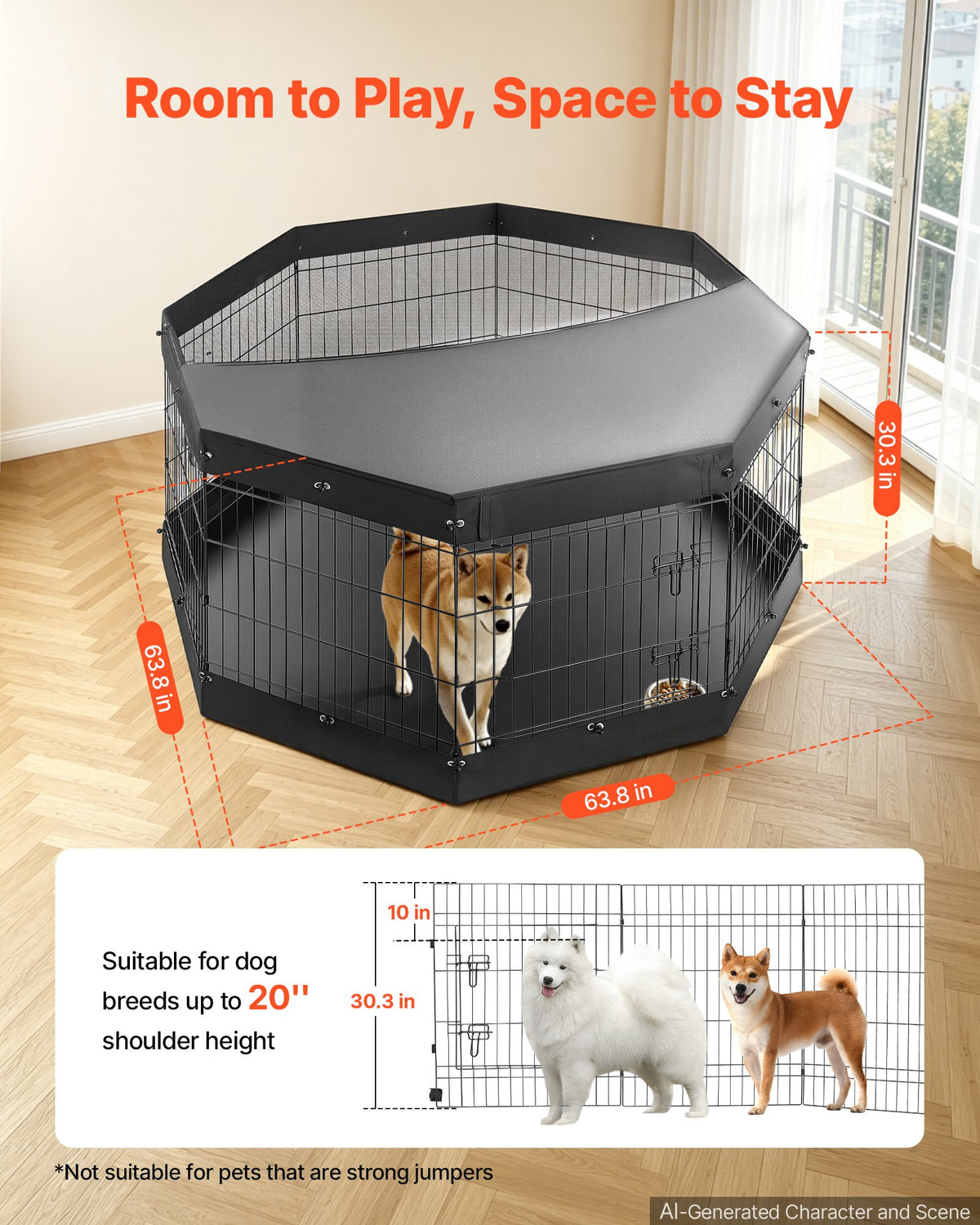 VEVOR Dog Playpen 30 Inch 8 Panels Exercise Pen with Top Cover & Bottom Pad, Indoor Foldable Metal Pet Fence with Door, Heavy Duty Puppy Crate Kennel Pen for Dogs, Cats, and Other Small Animals, Black - FGCWWL30INCHGBBVD001V0 - view 3