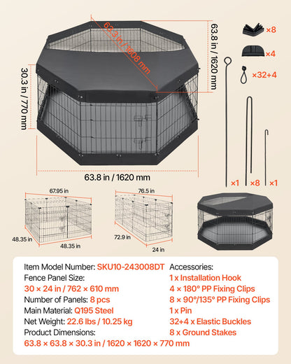 VEVOR Dog Playpen 30 Inch 8 Panels Exercise Pen with Top Cover & Bottom Pad, Indoor Foldable Metal Pet Fence with Door, Heavy Duty Puppy Crate Kennel Pen for Dogs, Cats, and Other Small Animals, Black - FGCWWL30INCHGBBVD001V0 - view 8