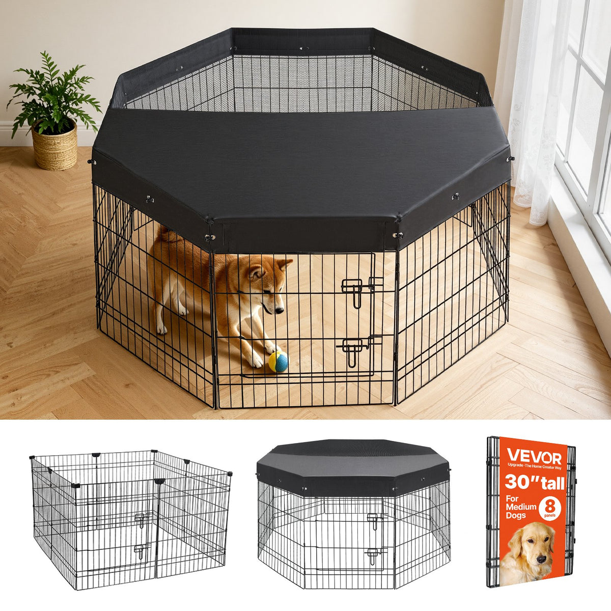 VEVOR Dog Playpen 30 Inch 8 Panels Foldable Exercise Pen with Top Cover, Indoor Metal Pet Fence with Door, Heavy Duty Puppy Crate Kennel, Pet Playpen for Dogs, Cats, and Other Small Animals, Black - FGCWWL30INCHNUY7I001V0 - view 1