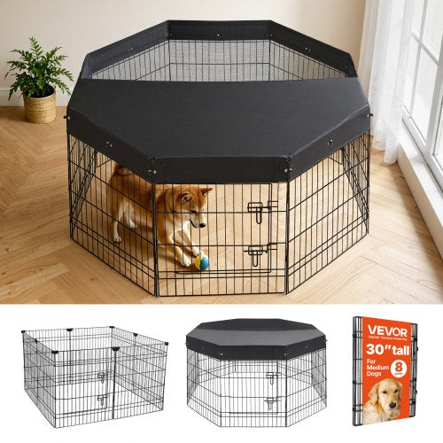 VEVOR Dog Playpen 30 Inch 8 Panels Foldable Exercise Pen with Top Cover, Indoor Metal Pet Fence with Door, Heavy Duty Puppy Crate Kennel, Pet Playpen for Dogs, Cats, and Other Small Animals, Black - FGCWWL30INCHNUY7I001V0 - view 2