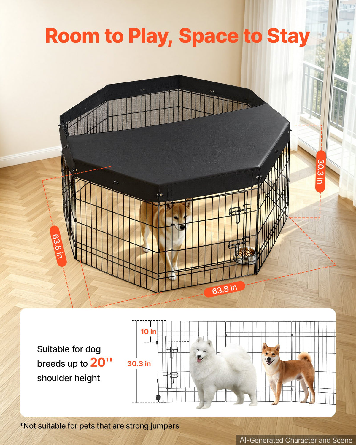 VEVOR Dog Playpen 30 Inch 8 Panels Foldable Exercise Pen with Top Cover, Indoor Metal Pet Fence with Door, Heavy Duty Puppy Crate Kennel, Pet Playpen for Dogs, Cats, and Other Small Animals, Black - FGCWWL30INCHNUY7I001V0 - view 3