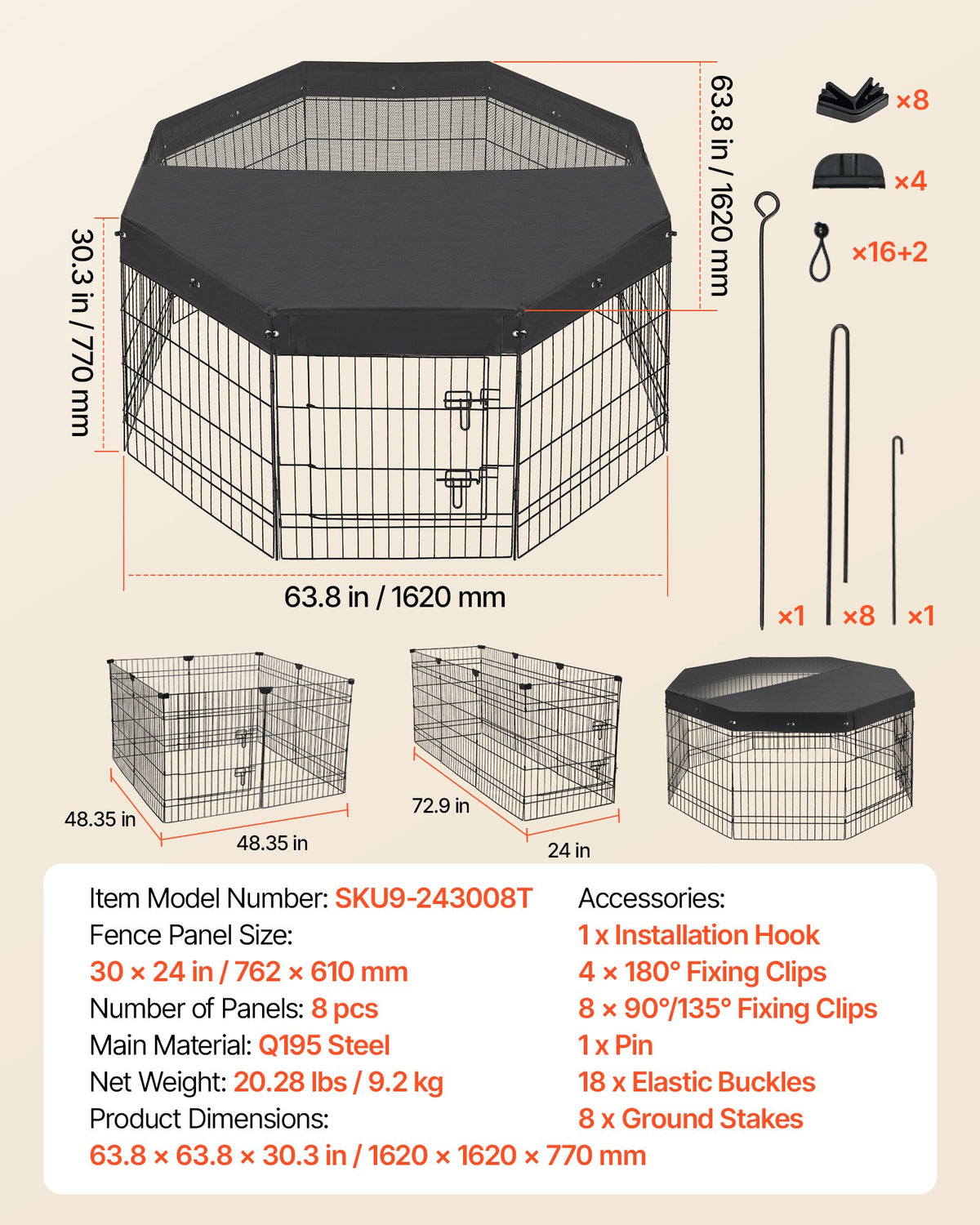 VEVOR Dog Playpen 30 Inch 8 Panels Foldable Exercise Pen with Top Cover, Indoor Metal Pet Fence with Door, Heavy Duty Puppy Crate Kennel, Pet Playpen for Dogs, Cats, and Other Small Animals, Black - FGCWWL30INCHNUY7I001V0 - view 7