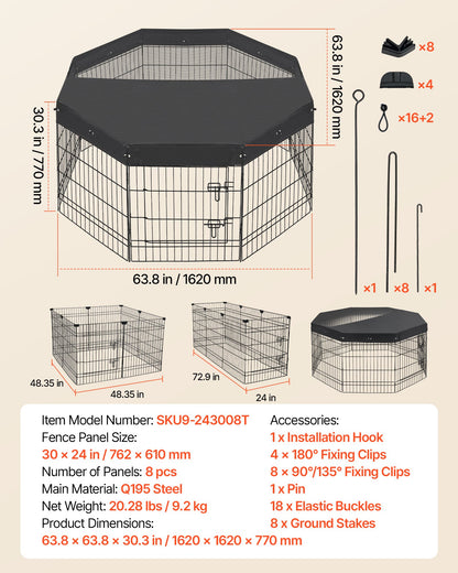 VEVOR Dog Playpen 30 Inch 8 Panels Foldable Exercise Pen with Top Cover, Indoor Metal Pet Fence with Door, Heavy Duty Puppy Crate Kennel, Pet Playpen for Dogs, Cats, and Other Small Animals, Black - FGCWWL30INCHNUY7I001V0 - view 7