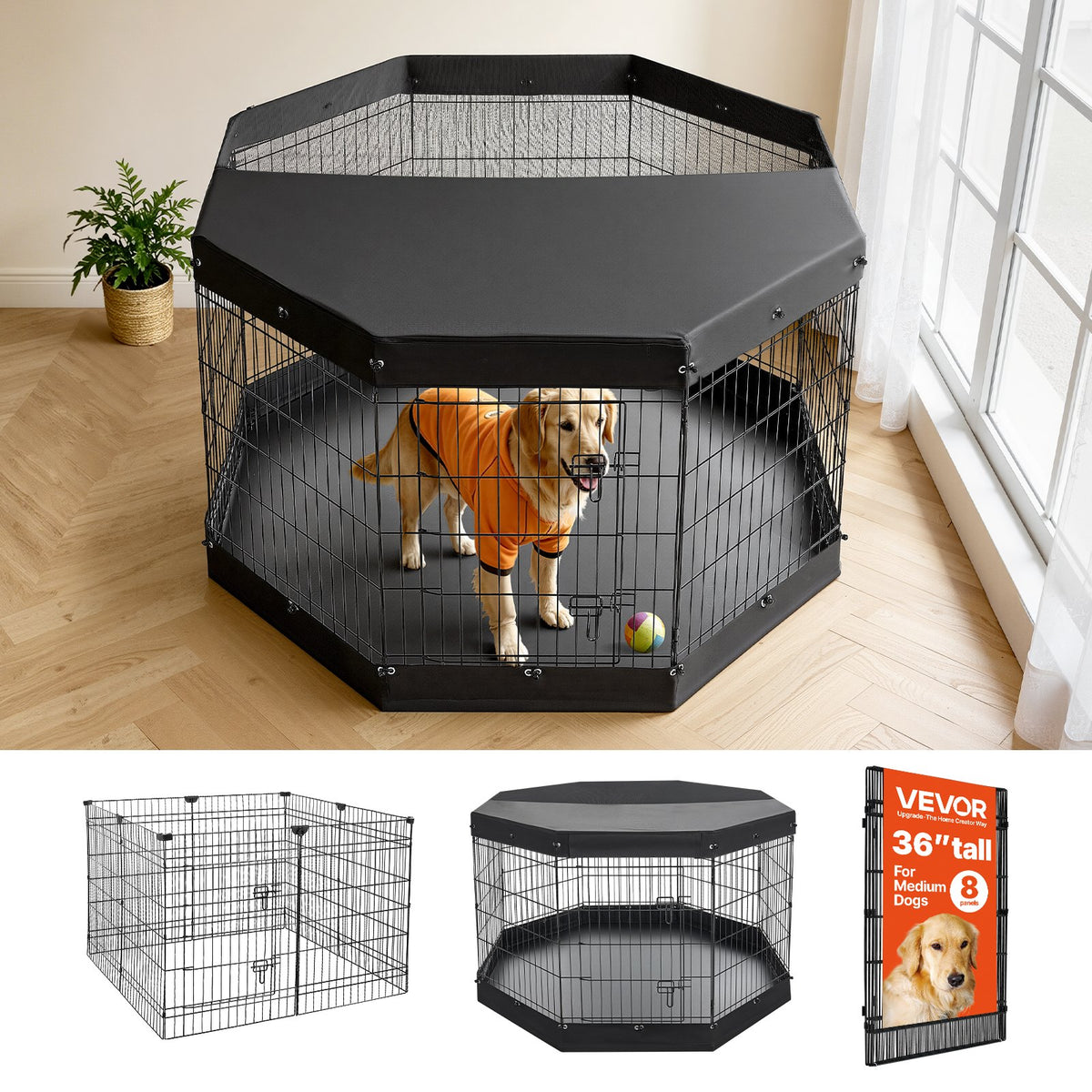 VEVOR Dog Playpen 36 Inch 8 Panels Exercise Pen with Top Cover & Bottom Pad, Indoor Foldable Metal Pet Fence with Door, Heavy Duty Puppy Crate Kennel Pen for Dogs, Cats, and Other Small Animals, Black - FGCWWL36INCH51RUP001V0 - view 1