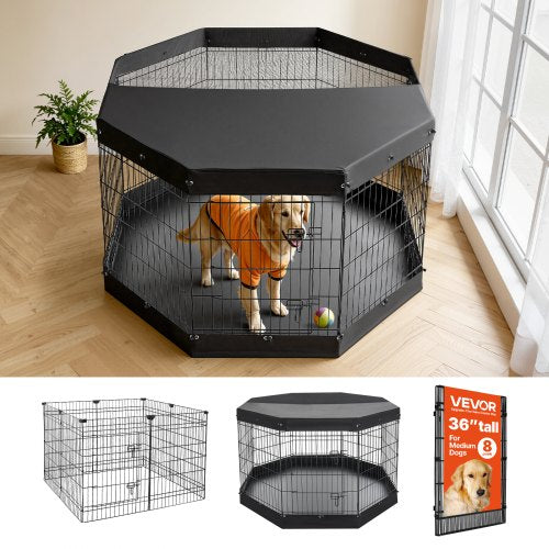 VEVOR Dog Playpen 36 Inch 8 Panels Exercise Pen with Top Cover & Bottom Pad, Indoor Foldable Metal Pet Fence with Door, Heavy Duty Puppy Crate Kennel Pen for Dogs, Cats, and Other Small Animals, Black - FGCWWL36INCH51RUP001V0 - view 2