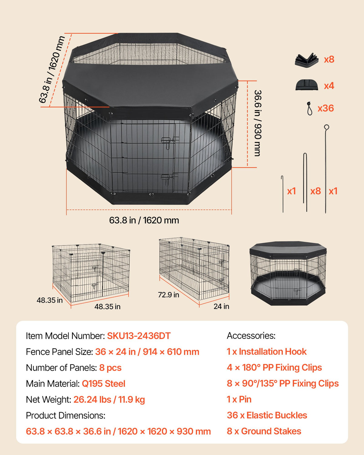 VEVOR Dog Playpen 36 Inch 8 Panels Exercise Pen with Top Cover & Bottom Pad, Indoor Foldable Metal Pet Fence with Door, Heavy Duty Puppy Crate Kennel Pen for Dogs, Cats, and Other Small Animals, Black - FGCWWL36INCH51RUP001V0 - view 8