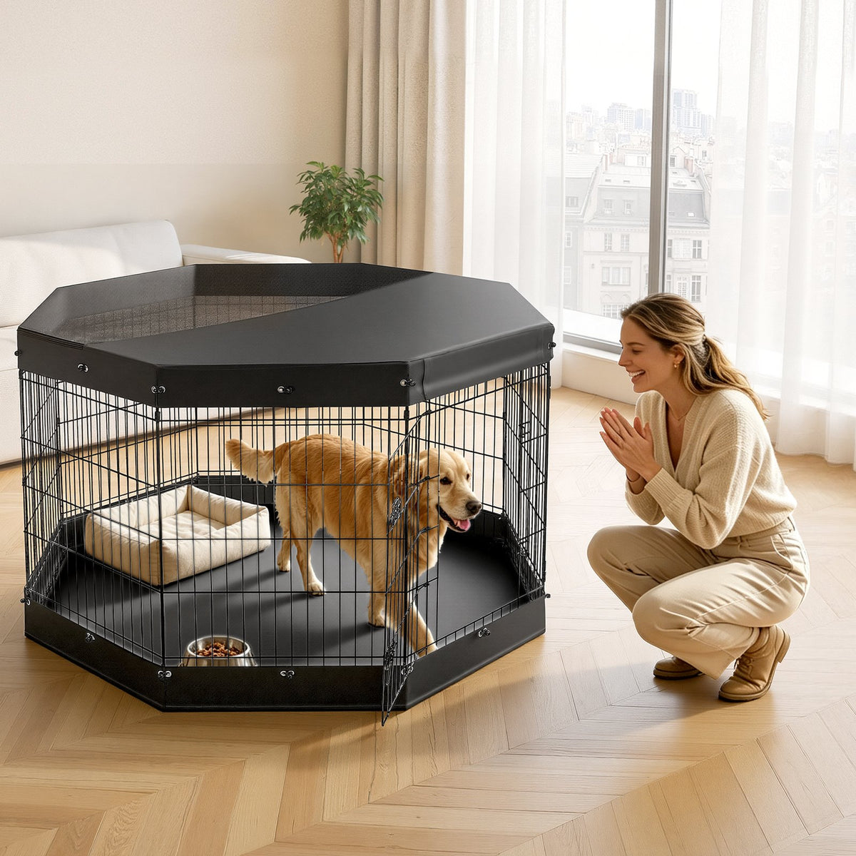 VEVOR Dog Playpen 36 Inch 8 Panels Exercise Pen with Top Cover & Bottom Pad, Indoor Foldable Metal Pet Fence with Door, Heavy Duty Puppy Crate Kennel Pen for Dogs, Cats, and Other Small Animals, Black - FGCWWL36INCH51RUP001V0 - view 9