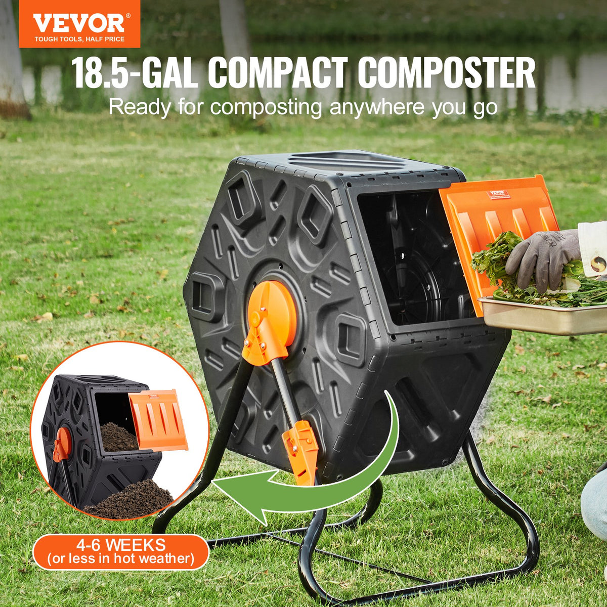 VEVOR Compost Bin, 18.5-Gal Composting Tumbler, Compact Single Rotating Chamber with Sliding Door and Steel Frame, BPA Free Small Composter Bin Tumbler for Garden, Kitchen, Yard, - FGDFJ185JL00JRFPDV0 - view 2