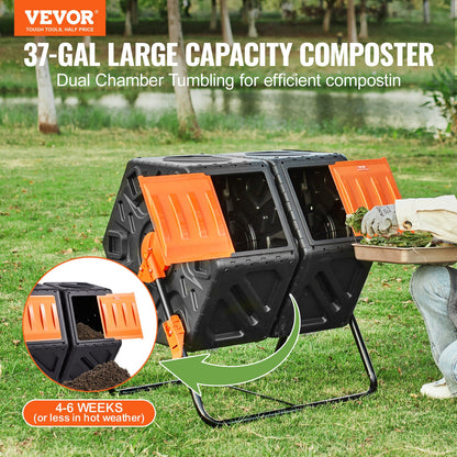 VEVOR Compost Bin, 37-Gal Dual Chamber Composting Tumbler, High Volume Two Rotating Chambers with 2 Sliding Door and Steel Frame, BPA Free Composter Bin Tumbler for Garden, - FGDFJ37JL000EYX7CV0 - view 2