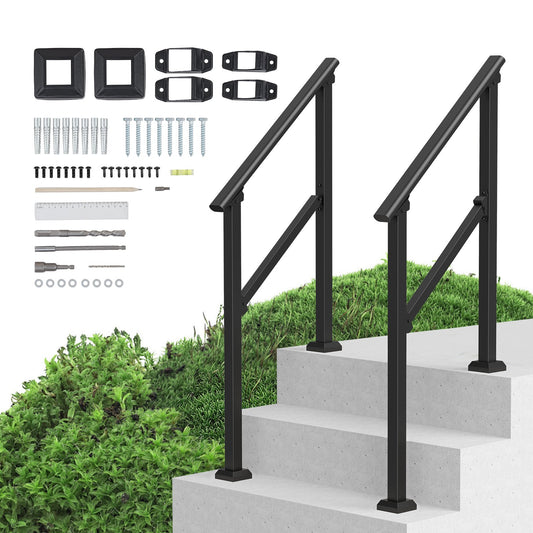 VEVOR Handrails for Outdoor Steps, 2 PCS 2-3 Step Stair Hand Rail Kit, Transitional Carbon Steel Railings with Installation Kit, Stair Rails for Seniors, Concrete & Porch & Deck, Black Square Tube - FGDHGZLSLZFS730X7V0 - view 1