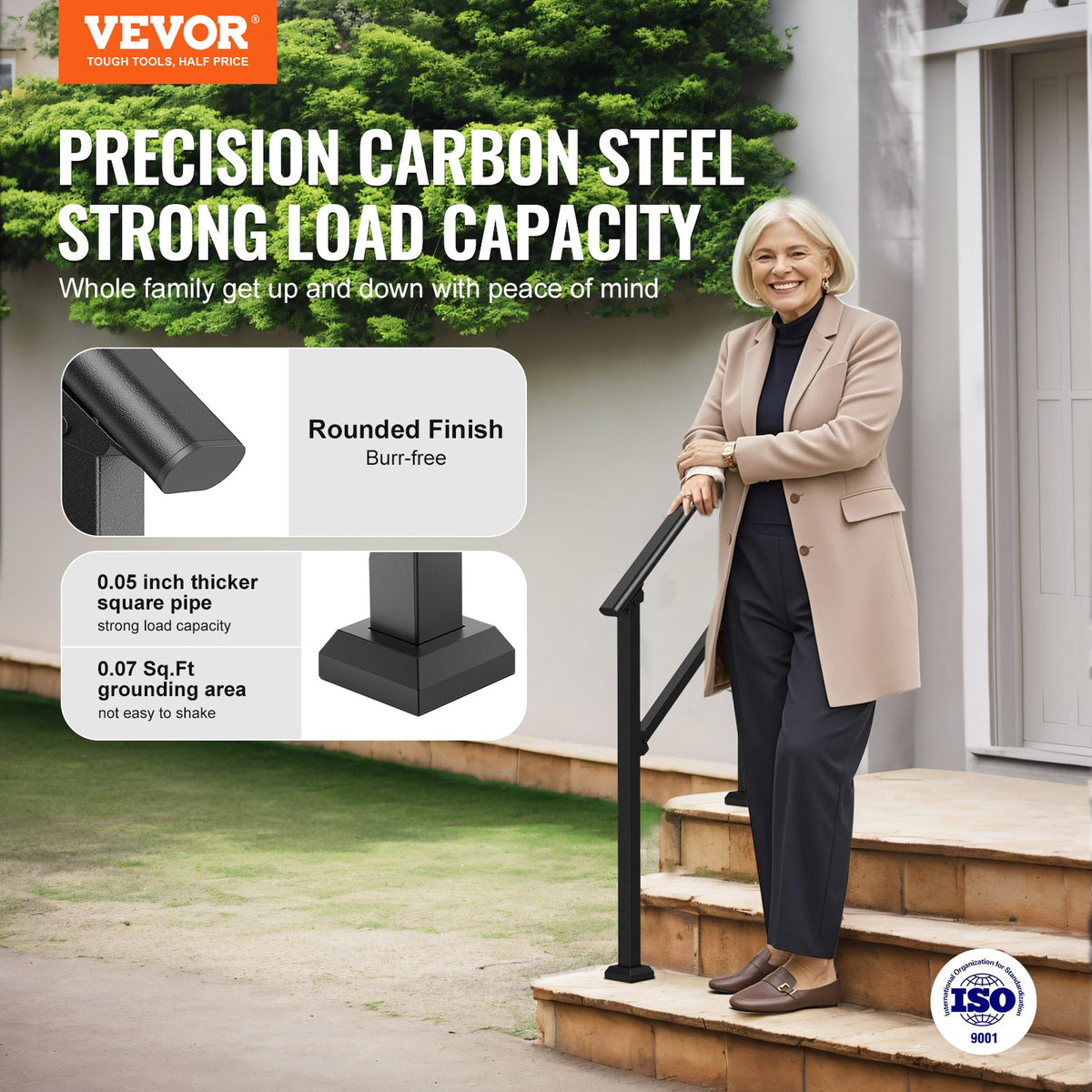 VEVOR Handrails for Outdoor Steps, 2 PCS 2-3 Step Stair Hand Rail Kit, Transitional Carbon Steel Railings with Installation Kit, Stair Rails for Seniors, Concrete & Porch & Deck, Black Square Tube - FGDHGZLSLZFS730X7V0 - view 3