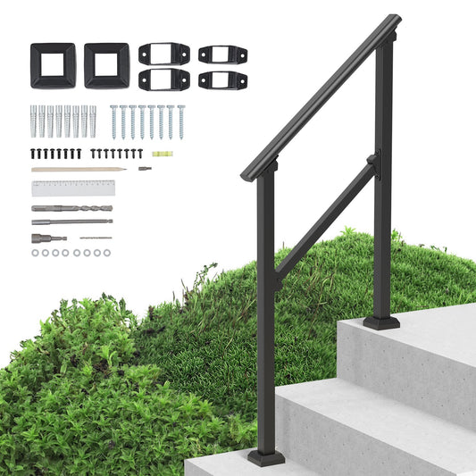 VEVOR Handrails for Outdoor Steps, 2-3 Step Stair Hand Rail Kit, Transitional Carbon Steel Railings with Installation Kit, Stair Rails for Seniors, Concrete Steps & Porch & Deck, Black Square Tube - FGDHGZLSLZFSFYEP9V0 - view 1