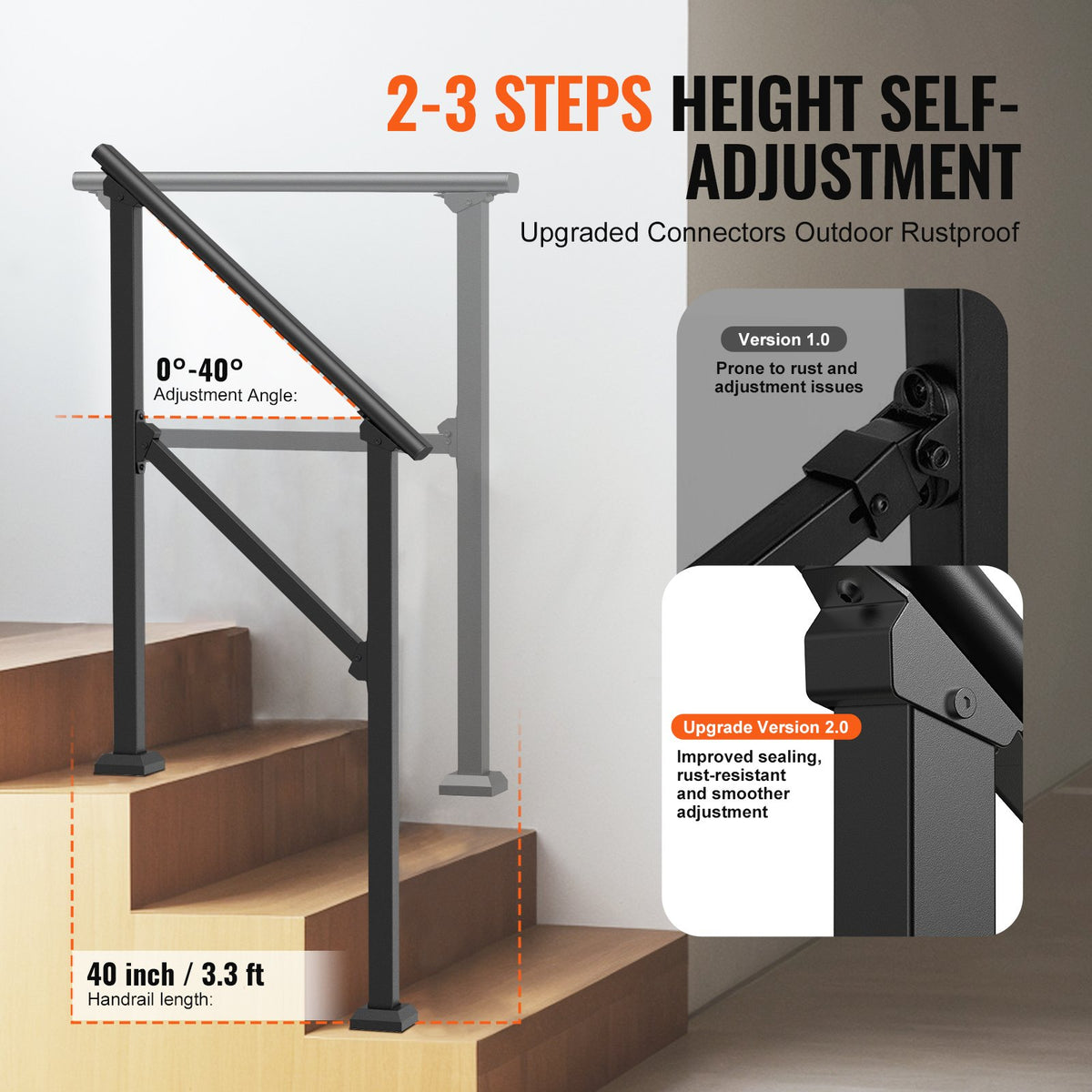 VEVOR Handrails for Outdoor Steps, 2-3 Step Stair Hand Rail Kit, Transitional Carbon Steel Railings with Installation Kit, Stair Rails for Seniors, Concrete Steps & Porch & Deck, Black Square Tube - FGDHGZLSLZFSFYEP9V0 - view 4