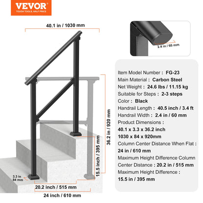 VEVOR Handrails for Outdoor Steps, 2-3 Step Stair Hand Rail Kit, Transitional Carbon Steel Railings with Installation Kit, Stair Rails for Seniors, Concrete Steps & Porch & Deck, Black Square Tube - FGDHGZLSLZFSFYEP9V0 - view 8